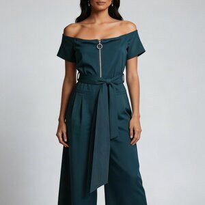 essue Teal Short-Sleeve Wide-Leg Belted Jumpsuit with Front Zip